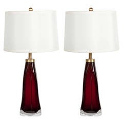 Vintage Pair of Carl Fagerlund/Orrefors Ruby Red Crystal Lamps