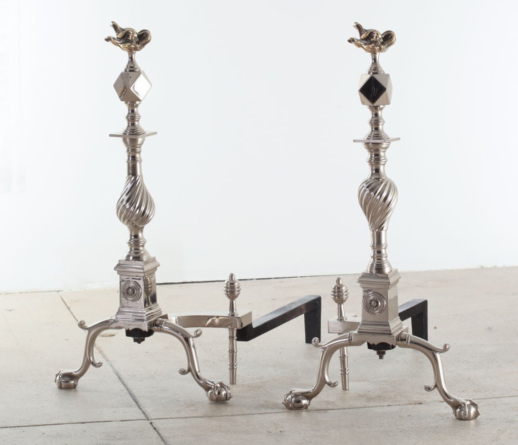 American Regency Style Polished Nickel Andirons with Brass Flame Finials