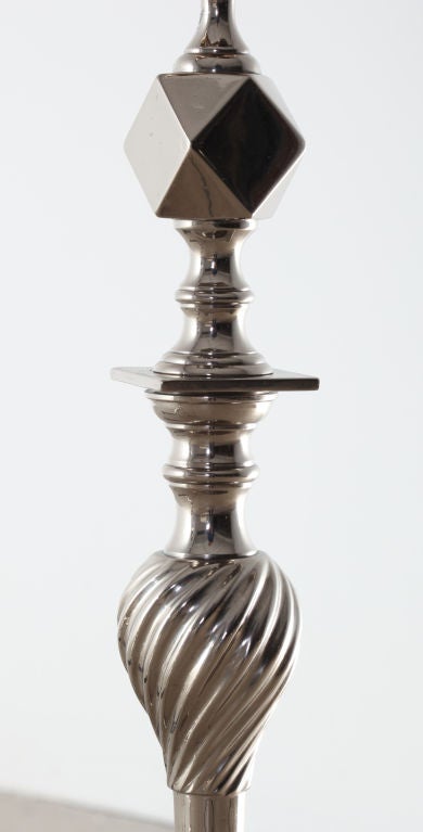 Mid-20th Century Regency Style Polished Nickel Andirons with Brass Flame Finials