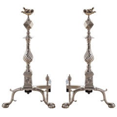 Pair of Regency Style Polished Nickel Andirons with Flame Tops 4