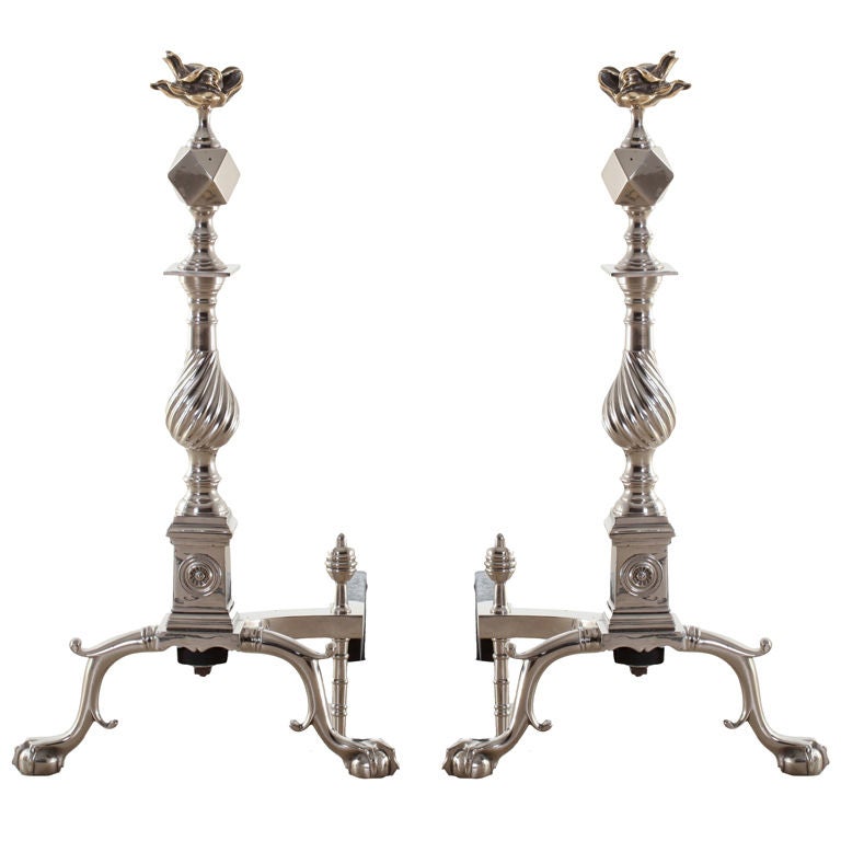 Regency Style Polished Nickel Andirons with Brass Flame Finials