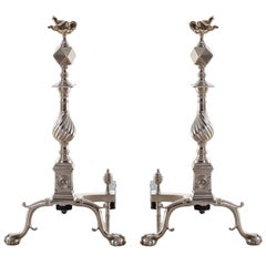 Regency Style Polished Nickel Andirons with Brass Flame Finials