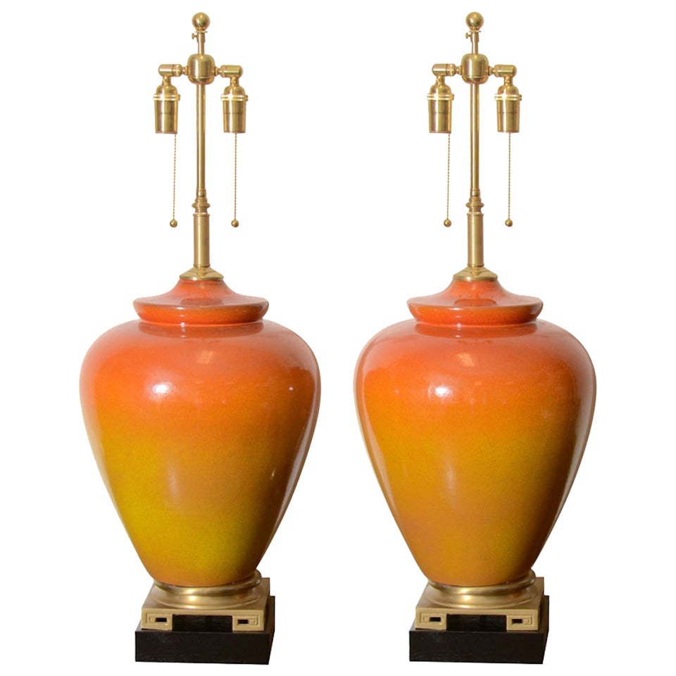 Frederick Cooper Orange Ombre Crackle Glazed Lamps For Sale