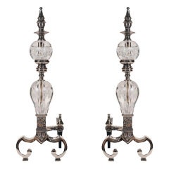 Pair of Art Deco Polished Nickel & Glass Andirons