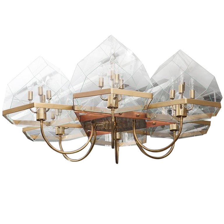 French 1970s Bronze and Glass Dome Six-Arm Chandelier