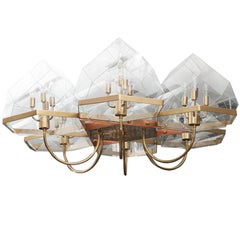 French 1970s Bronze and Glass Dome Six-Arm Chandelier