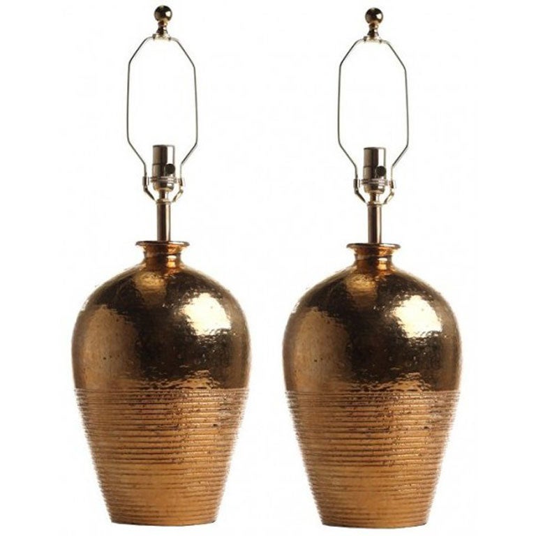 Pair of Swedish 22kt Gold Glazed Ceramic Lamps by Bergboms