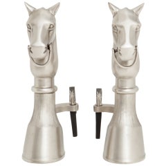 Pair of Hermes Style Satin Nickel Equestrian Andirons