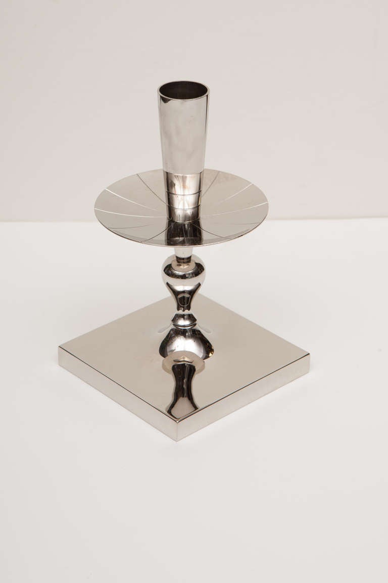 Mid-Century Modern Tommi Parzinger Polished Nickel Candlesticks, Tray Set For Sale