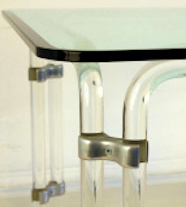 Lucite and glass game table from the 6000 Pipe Line Series designed by Jeff Messerschmidt, 1975. Signed on leg.