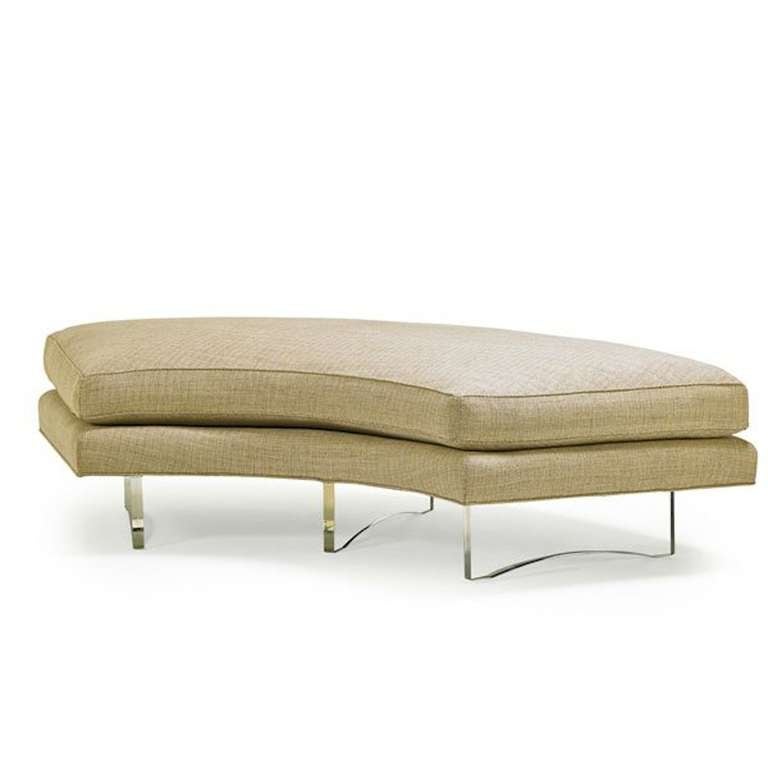 Exceptional curved bench with three Lucite supports with a deep down filled cushion.
