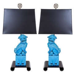 Vintage Pair of Turquoise Ceramic Foo Dog Lamps, SALE