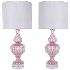 Pair of Ice Pink Murano Glass Lamps by Barovier