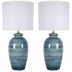 Pair of Variegated Blue Striped Glazed Ceramic Lamps