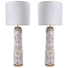 Pair of Italian Handmade Bone White Ceramic Lamps