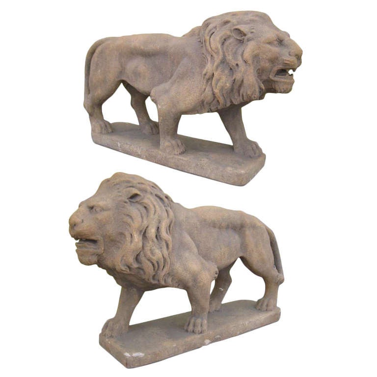 20th Century Pair of Cast Stone Garden Lions For Sale