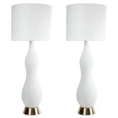 Pair of White Lava Glazed Hour Glass-Shaped Lamps