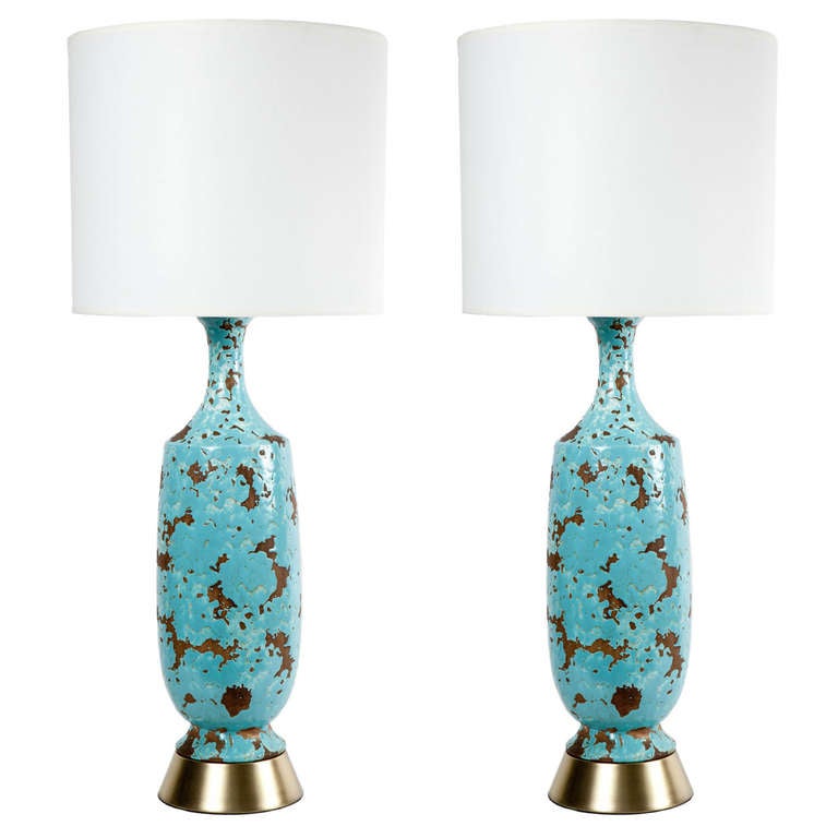 Pair of 1950s Italian Turquoise Glazed Ceramic Lamps