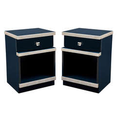 Pair of Art Deco Midnight Blue Lacquer Nightstands with Silver Leaf