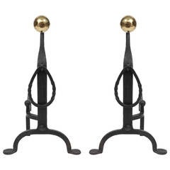 Wrought Iron Andirons with Hammered Brass