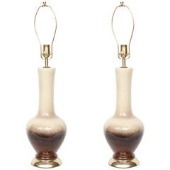 Pair of Midcentury Brown and Cream Ombre Glazed Ceramic Lamps