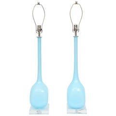 Pair of Sky Blue Murano Glass Lamps by Vistosi