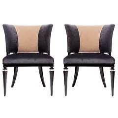 Vintage Pair of French 1940's Black Lacquer Chairs