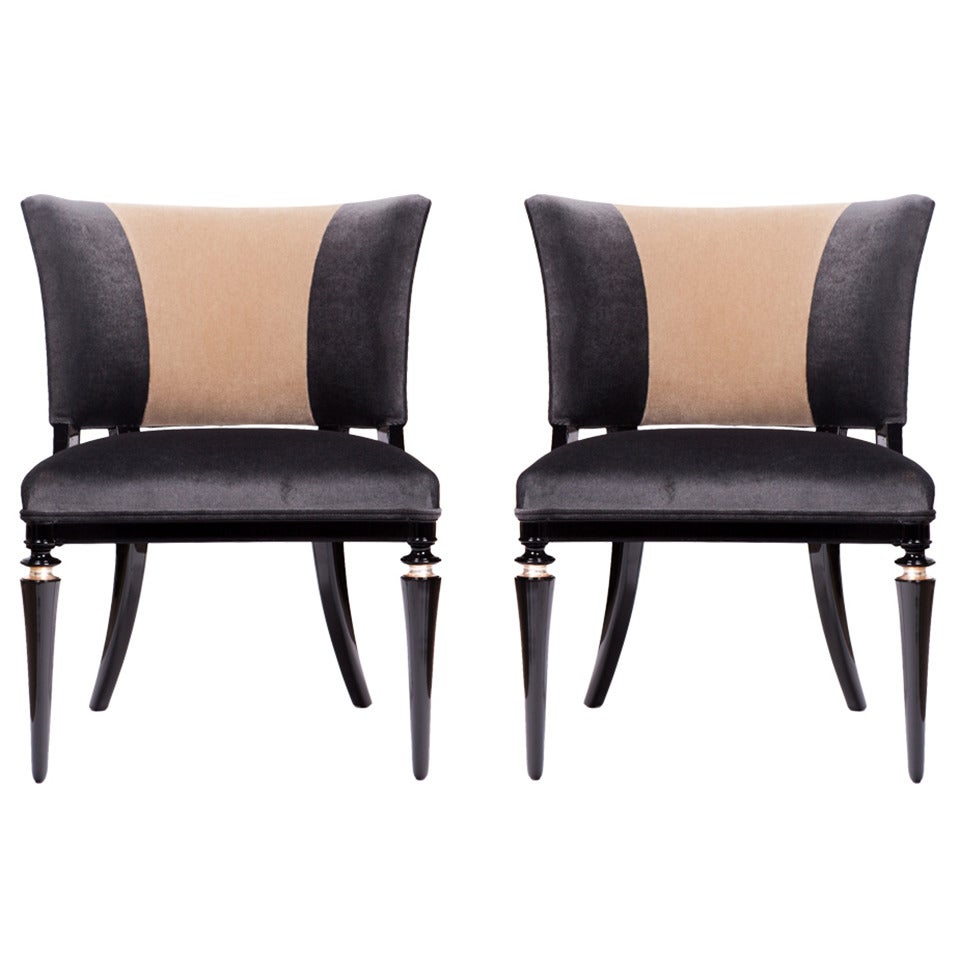 Pair of French 1940's Black Lacquer Chairs