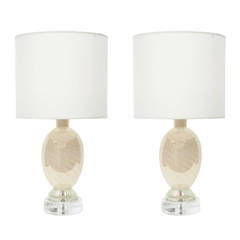 Pair of Pearl White Murano Glass Lamps with Gold Fleck Spirals by Barovier