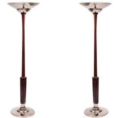 Pair Of Art Deco Fluted Walnut & Chrome Floor Lamps