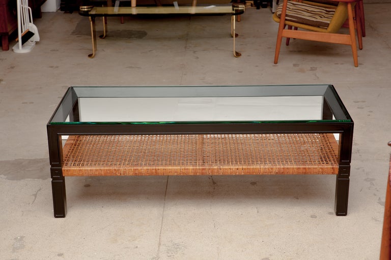 Tommi Parzinger Black Lacquer & Rattan Coffee Table