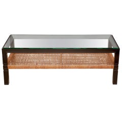 Tommi Parzinger Black Lacquer & Rattan Coffee Table