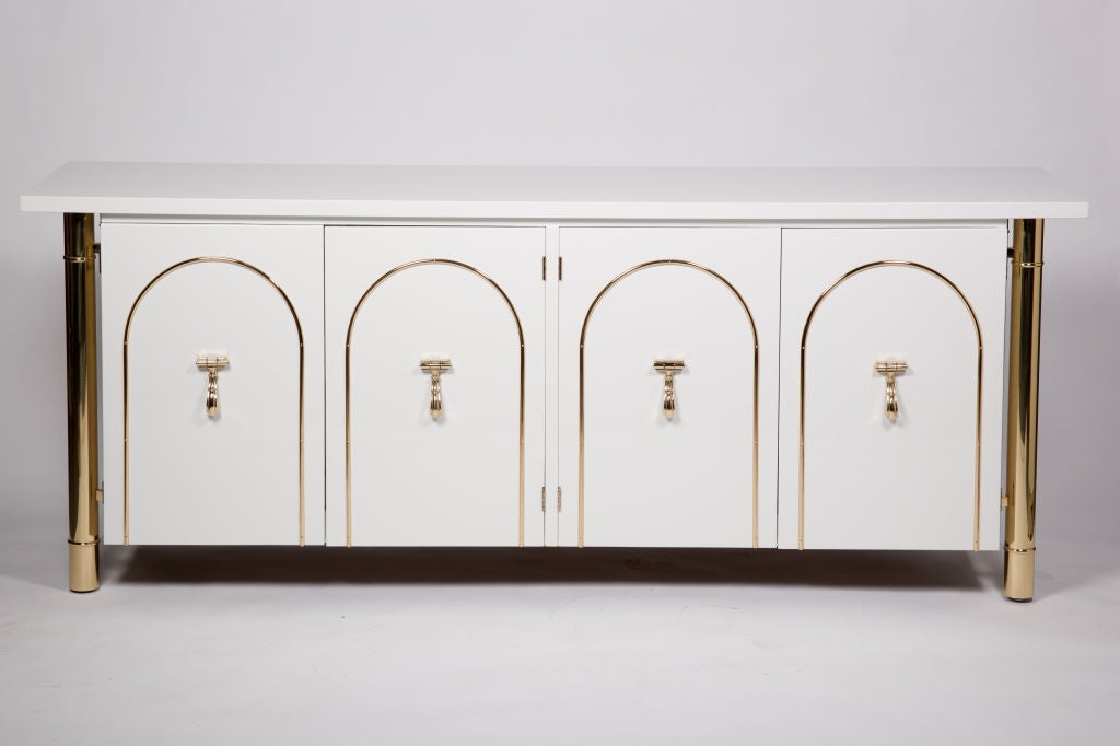 Mastercraft White Lacquer Credenza with Brass Details