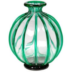 Vintage Signed Archemide Seguso Vase with Green Ribs