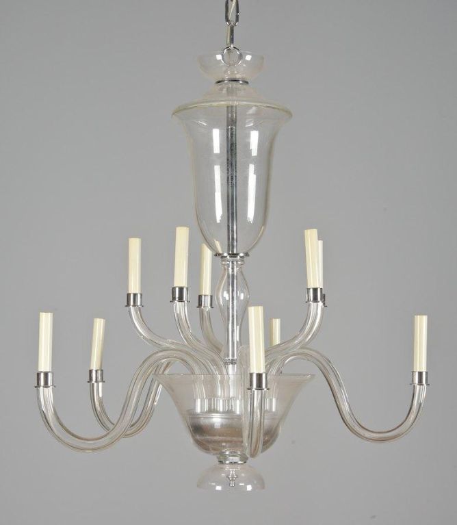 Classically styled 2 tier Murano glass chandelier with 5 arms on each tier with chrome fittings. 