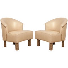 Vintage Pair Of Champagne Metallic Leather Club Chairs by James Mont