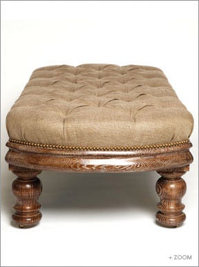 Large Cerused Oak Bench with Linen Tufted Seat