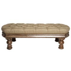 Vintage Large Cerused Oak Bench with Linen Tufted Seat
