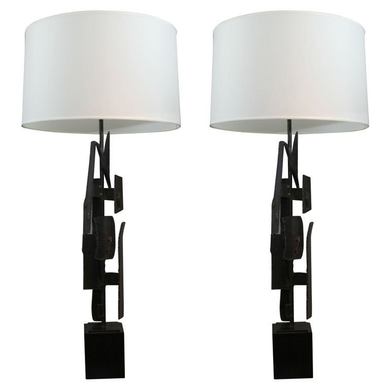 Pair of Blackened Steel Brutalist Lamps by Harry Balmer for Laurel For Sale