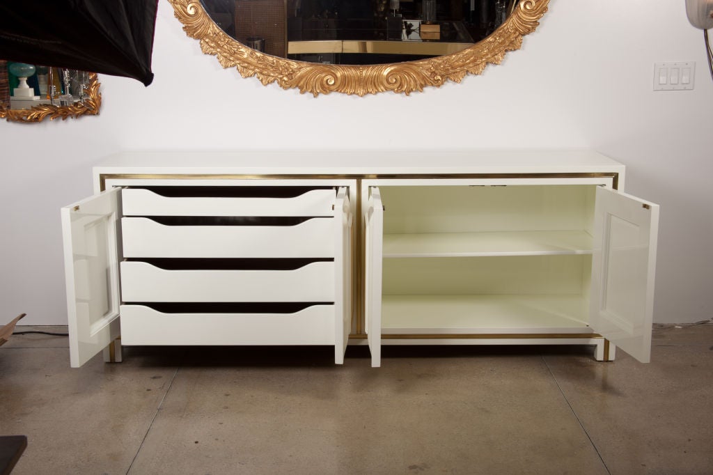 American White Lacquer Credenza with Brass Inset by Mastercraft