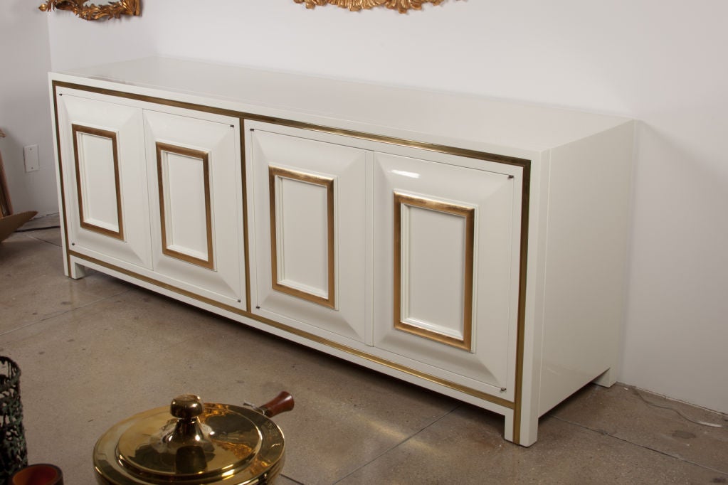 Late 20th Century White Lacquer Credenza with Brass Inset by Mastercraft