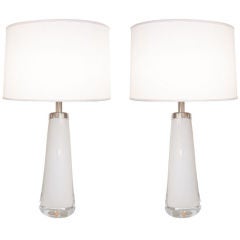 Pair of White and Clear Glass Lamps by Orrefors