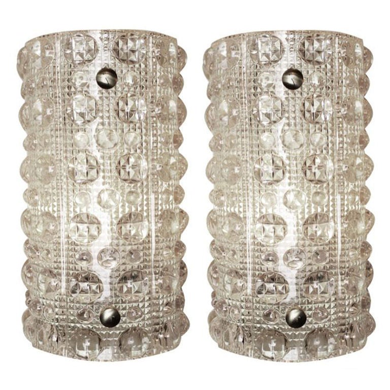 Carl Fagerlund for Orrefors Raised Dot Crystal Sconces