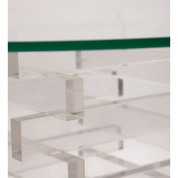 Exceptional stacked lucite flat bar side table with glass top.
