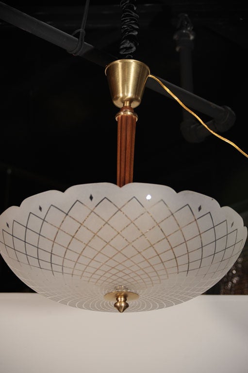 Orrefors Etched Glass Chandelier on Walnut Stem, Pair Available