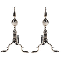 Pair of Spire Topped Polished Nickel Andirons