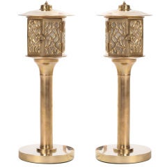 Pair of 1960's Asian Motif Solid Brass Lanterns