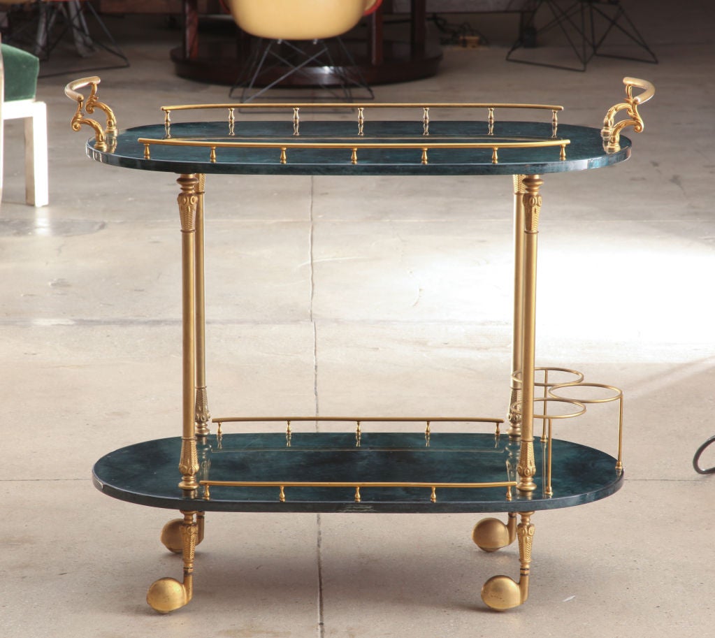 Exceptional Deep Emerald Green lacquered goatskin bar cart with gilt bronze hardware.