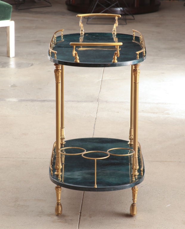 Lacquered Aldo Tura Malachite Green Goatskin Bar Cart
