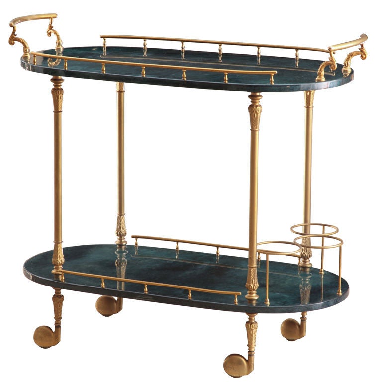 Aldo Tura Malachite Green Goatskin Bar Cart